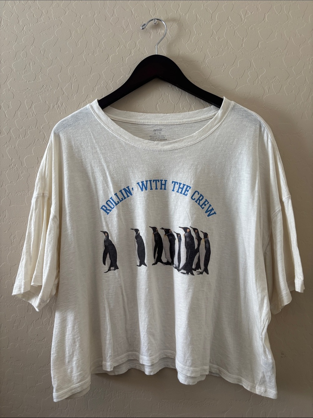 aerie Cropped “Rollin’ with the Crew” Graphic Penguin Tee - White